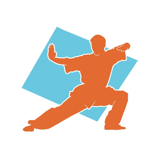 格闘ポーズの武道の男性のシルエット 武道のアクションを行う男のシルエットポーズ — ストックベクタ