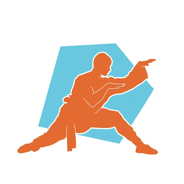 Silhueta Personagem Monge Shaolin Kungfu Pose Ação Arte Marcial Silhueta — Vetor de Stock