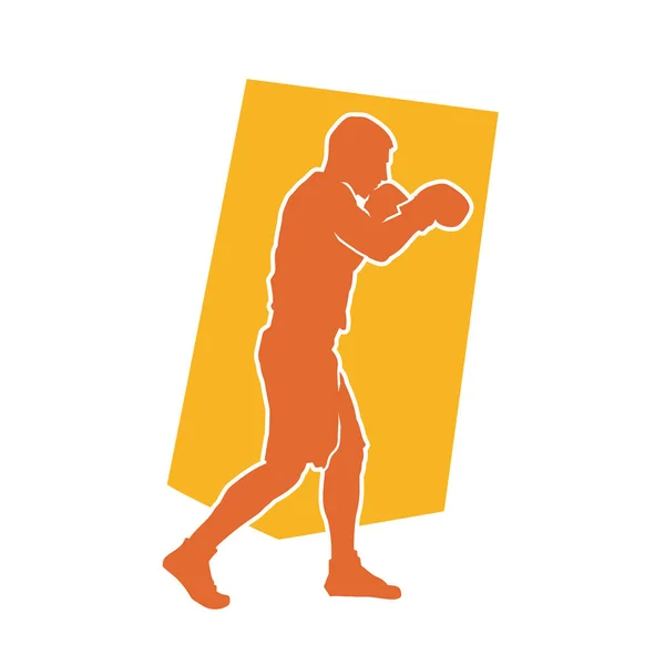アクションポーズ中の男性ボクシング選手のシルエット ボクシンググローブを着た戦闘機男のシルエット — ストックベクタ