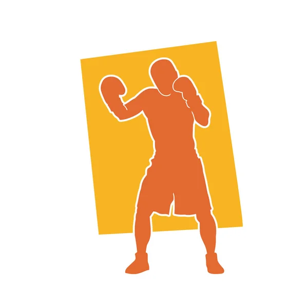 Silueta Atleta Boxeo Masculino Pose Acción Silueta Luchador Con Guantes — Vector de stock
