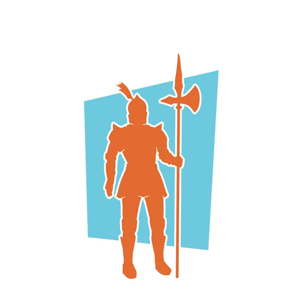 骑士战士身穿战甲 手持战斧武器的肖像 带有盔甲和武器的中世纪圣骑士士兵或角斗士的轮廓 — 图库矢量图片