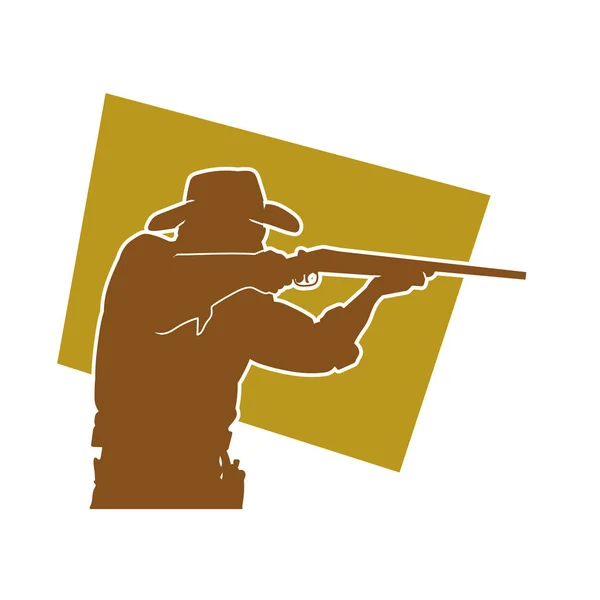Silueta Lovce Kostýmu Safari Kovbojském Klobouku Střílejícího Pušky Silueta Muže — Stockový vektor