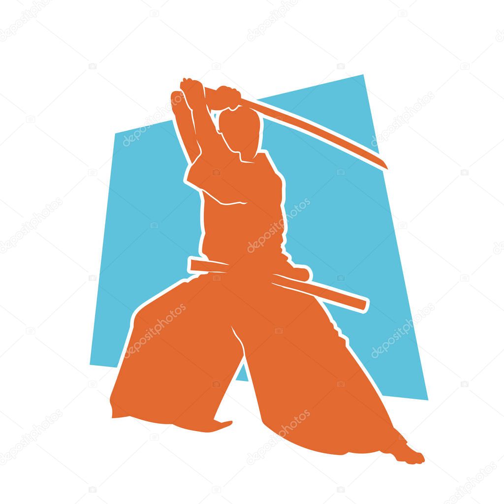 Silhouette of an aikido martial art practitioner in action pose with a sword weapon. Silhouette of a male martial artist fighting move in aikido.