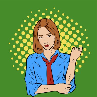 Eski çizgi film pop sanat tarzında çizilmiş kravat takan ofis çalışanı kıyafetli genç bir kadın modelin tasviri.