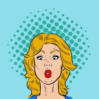 Eski çizgi film pop sanat tarzında çizilmiş, şaşırmış yüz ifadesini yakından gösteren kadın tasviri.