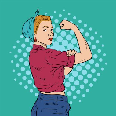 Güçlü feminist kadın karakteri gibi davranan bir kadın işçinin görüntüsü..