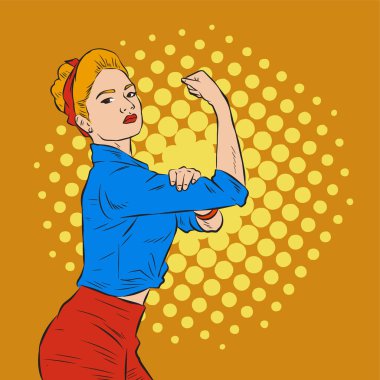 Güçlü feminist kadın karakteri gibi davranan bir kadın işçinin görüntüsü..