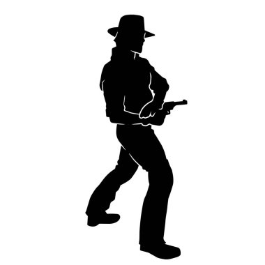 Kovboy kostümlü bir erkeğin silueti tabancayla ateş ediyor. Ateş eden kovboyun silueti pozu. 