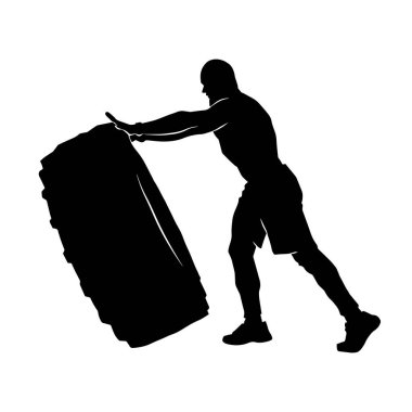 Silhouette of a muscular sporty man doing heavy duty tire lift pose. heavy duty tire lift crossfit sport pose.