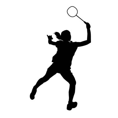Kadın badminton atletinin silueti hareket halinde. Bir badminton oyuncusunun silueti raketiyle poz veriyor..