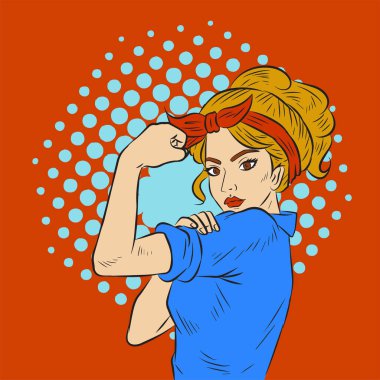 Güçlü feminist kadın karakteri gibi davranan bir kadın işçinin görüntüsü..