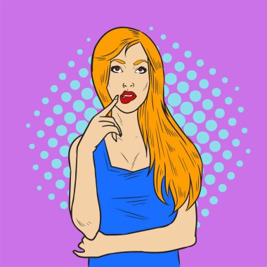 Düşünen güzel bir kadının tasviri geçmişe dönük komik pop sanat vektör tarzıyla çizilmiş..