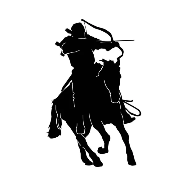 Silhouette Archer Warrior Carrying Bow Pointing Arrow While Riding Horse — Stock Vector