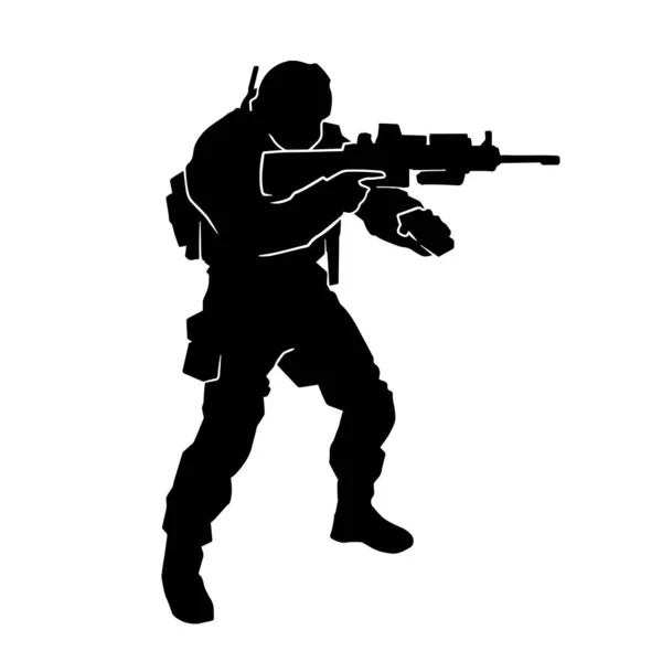 Silueta Speciální Jednotky Policie Nebo Voják Mířící Automatickou Kulometnou Zbraní — Stockový vektor