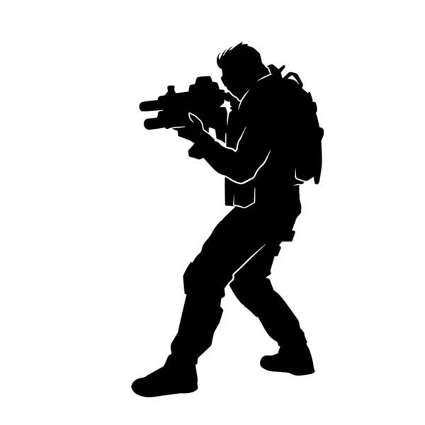Silhouette Special Force Police Soldier Pointing Automatic Machine Gun Weapon — Stock Vector