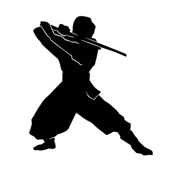 Silueta Ninja Bojového Umělce Akci Pózovat Čepelí Nebo Samurajskou Zbraní — Stockový vektor
