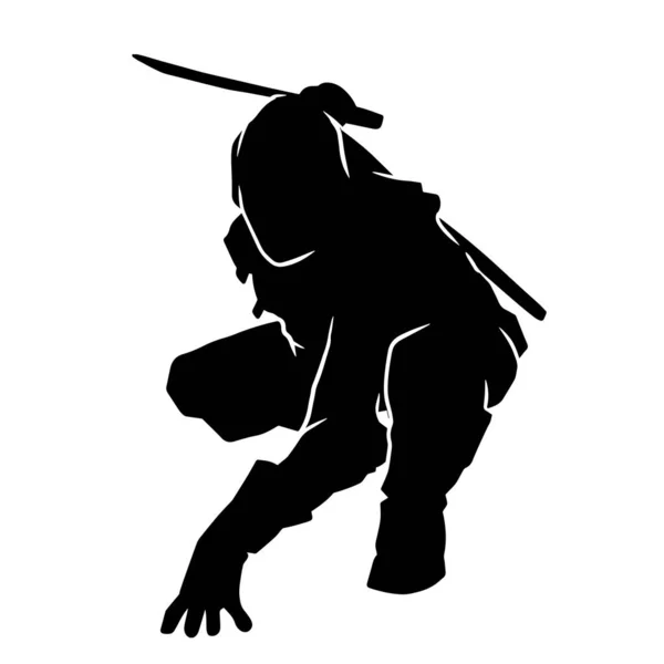 Silueta Ninja Bojového Umělce Akci Pózovat Čepelí Nebo Samurajskou Zbraní — Stockový vektor