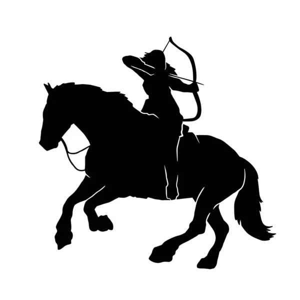 Silhueta Uma Mulher Arqueiro Guerreiro Apontando Flecha Enquanto Montando Cavalo — Vetor de Stock