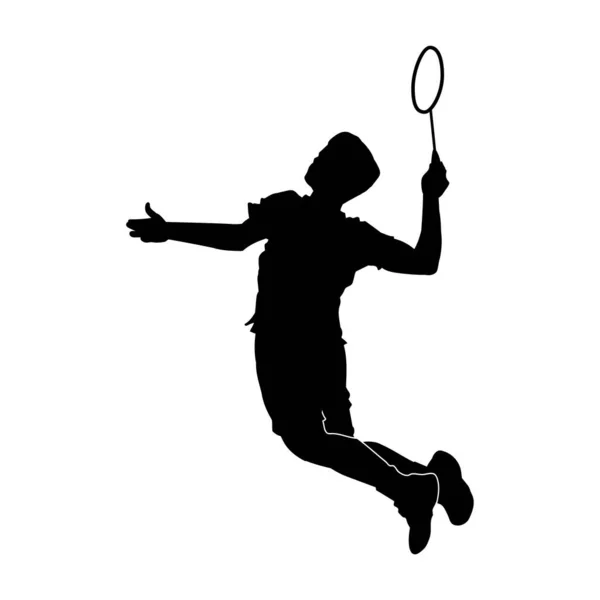 Silhuett Manlig Badmintonatlet Aktion Poserar Silhuett Badminton Spelare Hoppar Pose — Stock vektor
