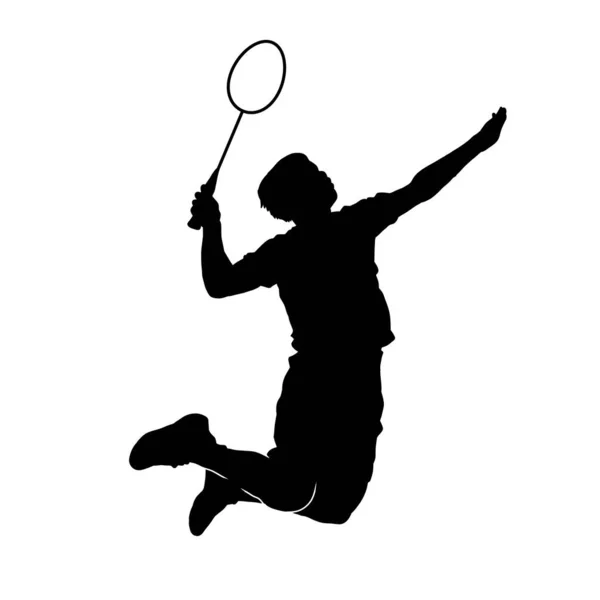 Sylwetka Męskiego Badmintona Atlety Akcji Sylwetka Badmintona Skaczącego Rakiety — Wektor stockowy