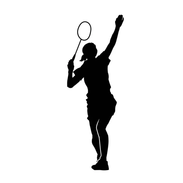 Kadın Badminton Atletinin Silueti Hareket Halinde Bir Badminton Oyuncusunun Silueti — Stok Vektör