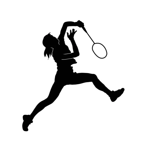 Silhuett Kvinnlig Badmintonatlet Aktion Poserar Silhuett Badminton Spelare Hoppar Pose — Stock vektor