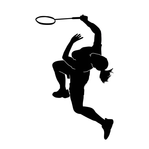 Силуэт Женщины Спортсмена Бадминтона Боевой Позе Силуэт Бадминтониста Прыгающего Позе — стоковый вектор