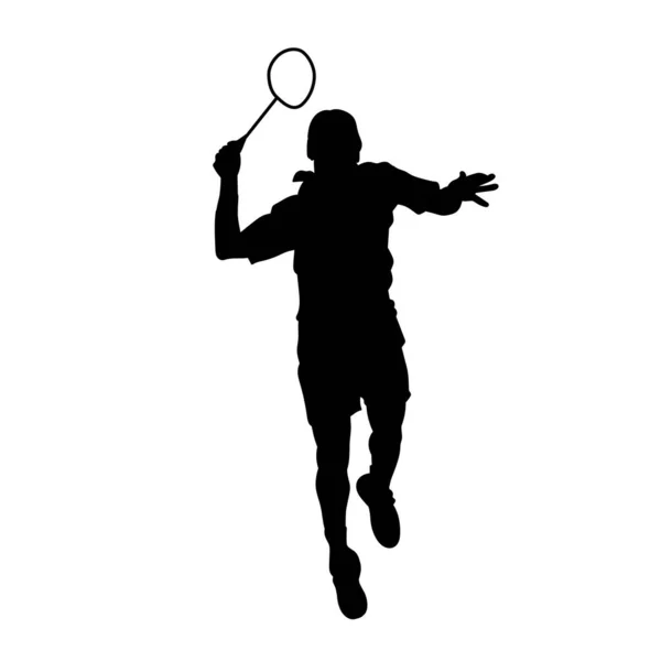 Sylwetka Męskiego Badmintona Atlety Akcji Sylwetka Badmintona Skaczącego Rakiety — Wektor stockowy