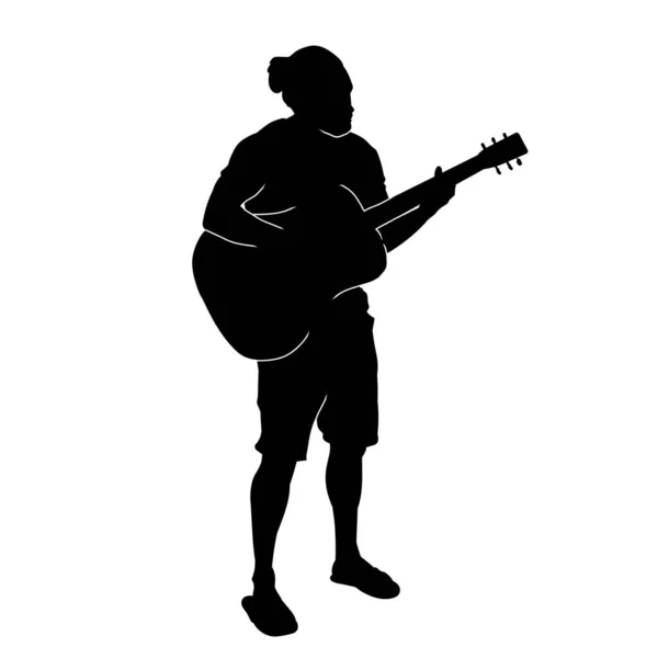 Silhueta Músico Masculino Carregando Sua Guitarra Acústica — Vetor de Stock