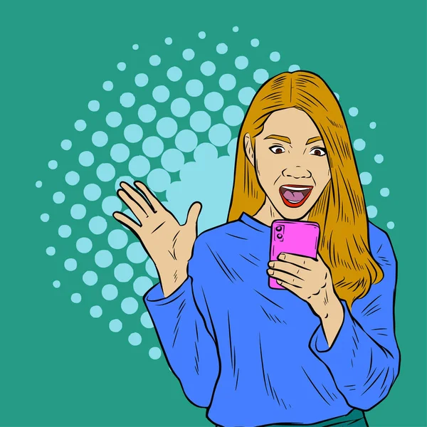 Ilustração Uma Mulher Bonita Expressiva Olhando Para Seu Telefone Celular — Vetor de Stock