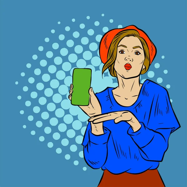 携帯電話のディスプレイ画面を表示するかなりの女性のイラスト — ストックベクタ