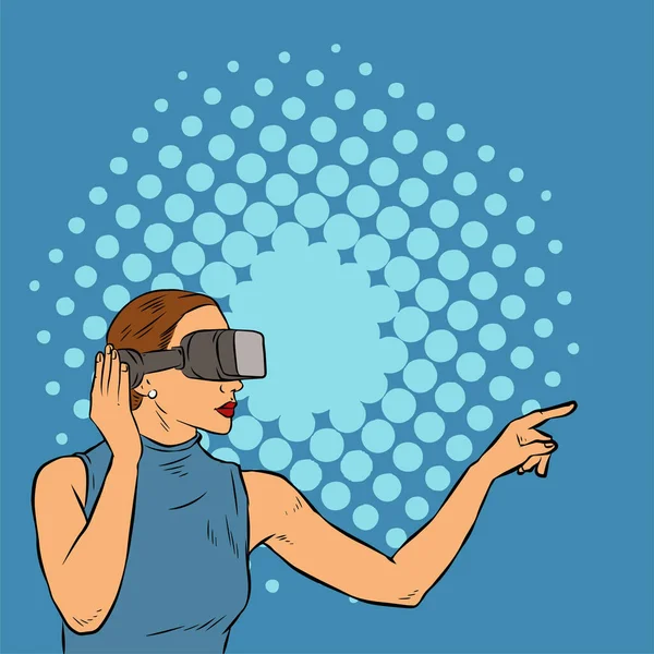 Иллюстрация Красивой Женщины Гарнитуре Виртуальной Реальности Занимающейся Серфингом Кибермире — стоковый вектор