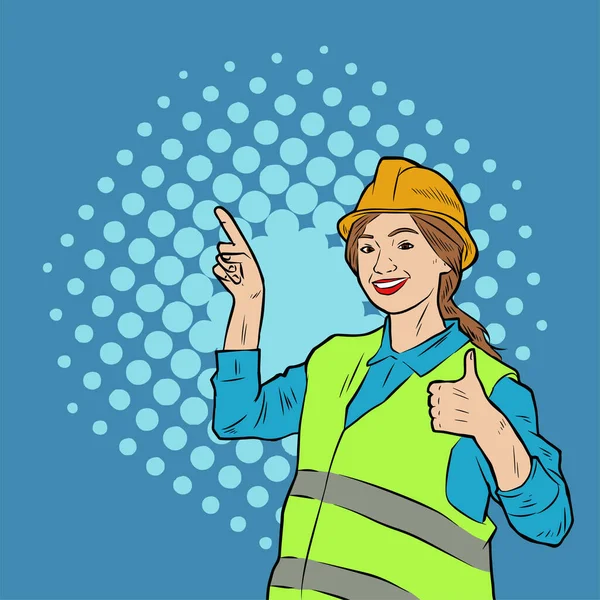 Ilustracja Pracownicy Budowlanej Noszącej Kask Ochronny Wskazująca Puste Miejsce Prezentacji — Wektor stockowy