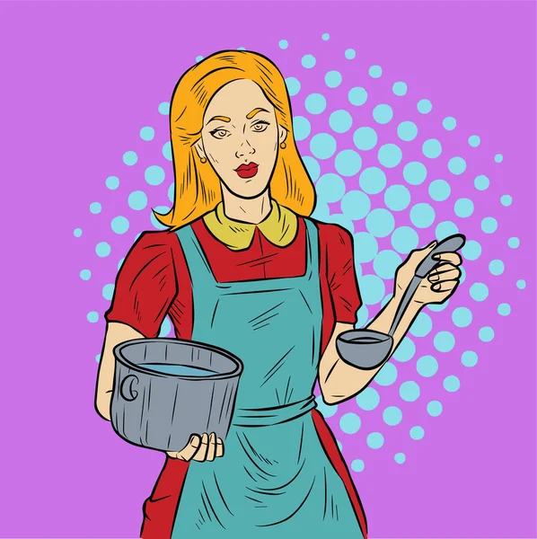 Illustration Female Cooker Wearing Apron Showing Soup Pan Drawn Retro — Stock Vector
