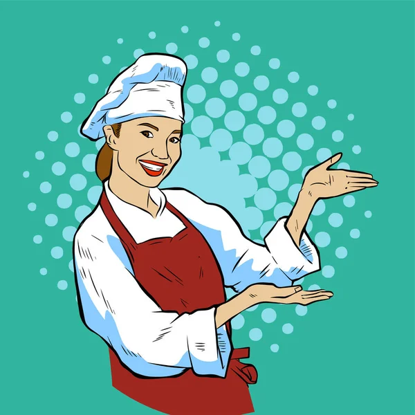 Ilustracja Kobiecego Szefa Kuchni Prezentacji Gestu Rysowanego Stylu Wektorowym Retro — Wektor stockowy