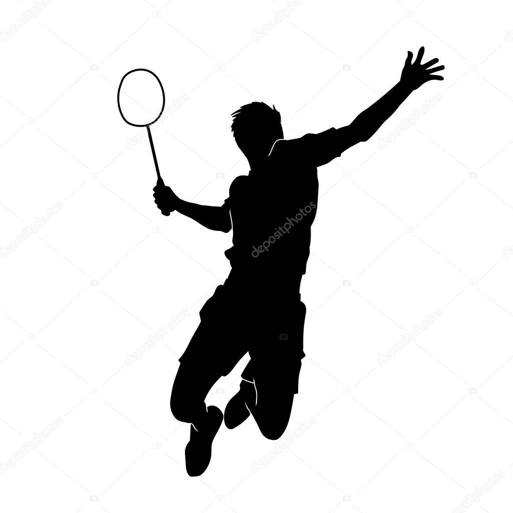 Silhouette of a male badminton athlete in action pose. Silhouette of a badminton player jumping pose with his racket.
