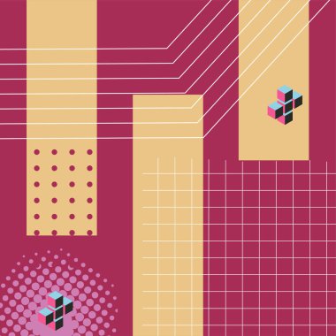 Çeşitli şekil, süs ve renklere sahip soyut geometrik arkaplan. Memphis tarzı sosyal medya arka plan retro titreşimleri yayınladı.