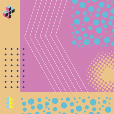 Çeşitli şekil, süs ve renklere sahip soyut geometrik arkaplan. Memphis tarzı sosyal medya arka plan retro titreşimleri yayınladı.