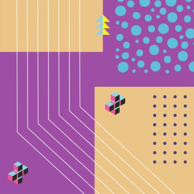 Çeşitli şekil, süs ve renklere sahip soyut geometrik arkaplan. Memphis tarzı sosyal medya arka plan retro titreşimleri yayınladı.