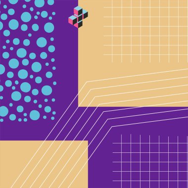 Çeşitli şekil, süs ve renklere sahip soyut geometrik arkaplan. Memphis tarzı sosyal medya arka plan retro titreşimleri yayınladı.