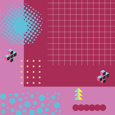 Çeşitli şekil, süs ve renklere sahip soyut geometrik arkaplan. Memphis tarzı sosyal medya arka plan retro titreşimleri yayınladı.