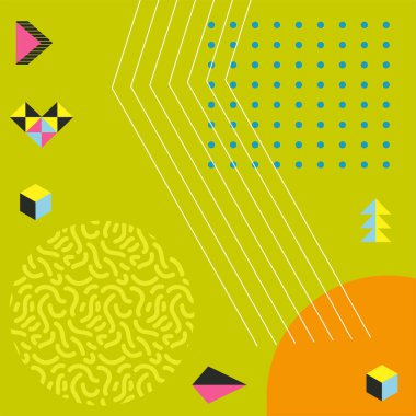 Çeşitli şekil, süs ve renklere sahip soyut geometrik arkaplan. Memphis tarzı sosyal medya arka plan retro titreşimleri yayınladı.
