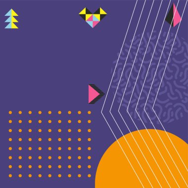 Çeşitli şekil, süs ve renklere sahip soyut geometrik arkaplan. Memphis tarzı sosyal medya arka plan retro titreşimleri yayınladı.