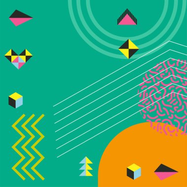 Çeşitli şekil, süs ve renklere sahip soyut geometrik arkaplan. Memphis tarzı sosyal medya arka plan retro titreşimleri yayınladı.