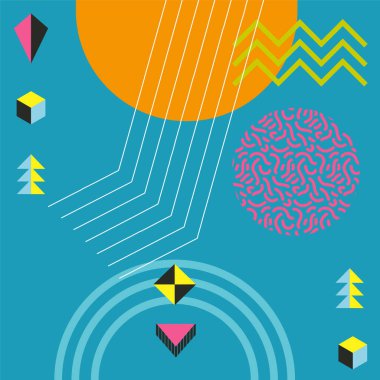 Çeşitli şekil, süs ve renklere sahip soyut geometrik arkaplan. Memphis tarzı sosyal medya arka plan retro titreşimleri yayınladı.