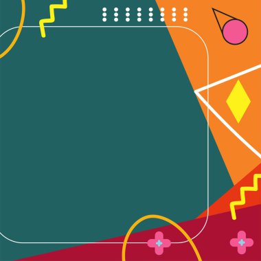 Çeşitli geometrik şekillere sahip soyut arkaplan kare kartı. Geometrik memphis tarzıyla kare duvar kağıdı.