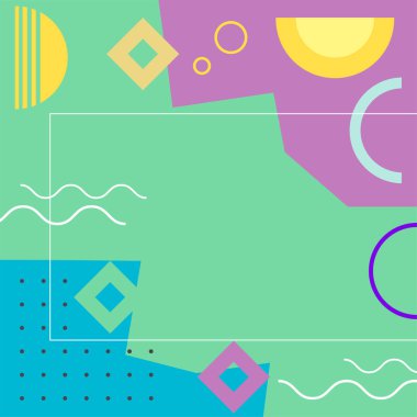 Çeşitli geometrik şekillere sahip soyut arkaplan kare kartı. Geometrik memphis tarzıyla kare duvar kağıdı.