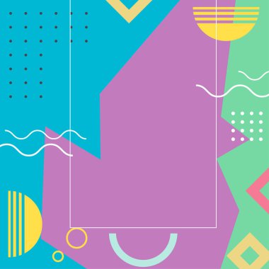 Çeşitli geometrik şekillere sahip soyut arkaplan kare kartı. Geometrik memphis tarzıyla kare duvar kağıdı.