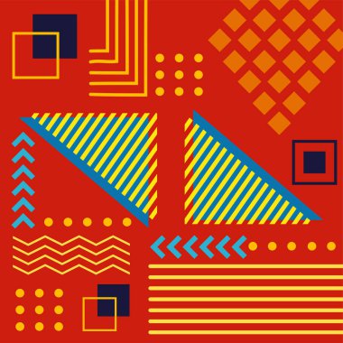 Çeşitli geometrik şekillere sahip soyut arkaplan kare kartı. Geometrik memphis tarzıyla kare duvar kağıdı.