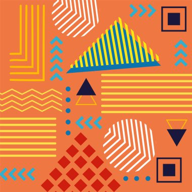 Çeşitli geometrik şekillere sahip soyut arkaplan kare kartı. Geometrik memphis tarzıyla kare duvar kağıdı.